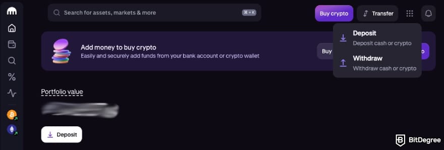 How to withdraw money from Kraken: Kraken's homepage with a dropout menu.