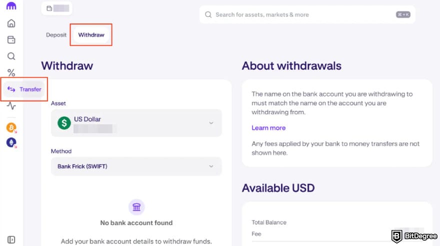 How to withdraw money from Kraken: Transfer menu.