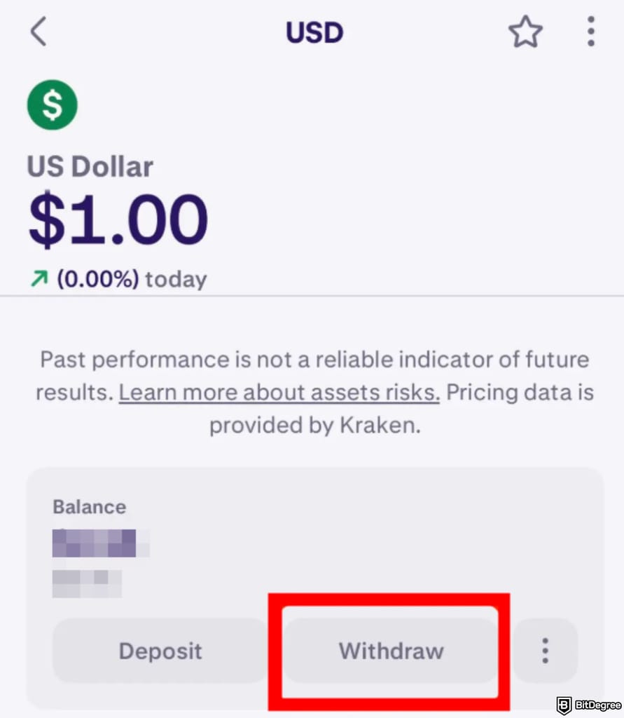 How to withdraw money from Kraken: [Withdraw] button on Kraken app.