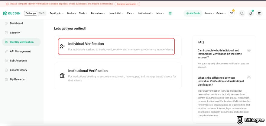 How to withdraw money from KuCoin: choose verification type.