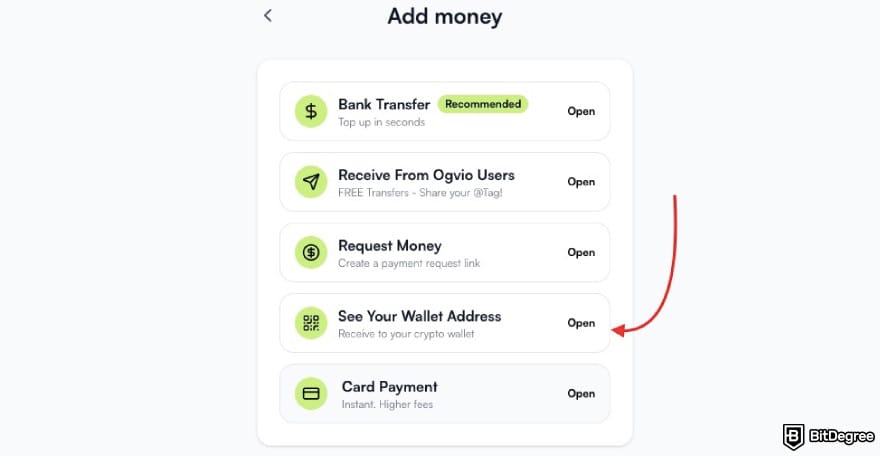 How to withdraw money from KuCoin: a red arrow pointing to the [See Your Wallet Address] option on Ogvio.