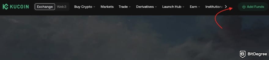 How to withdraw money from KuCoin: a red arrow pointing to the [Add Funds] button on KuCoin.