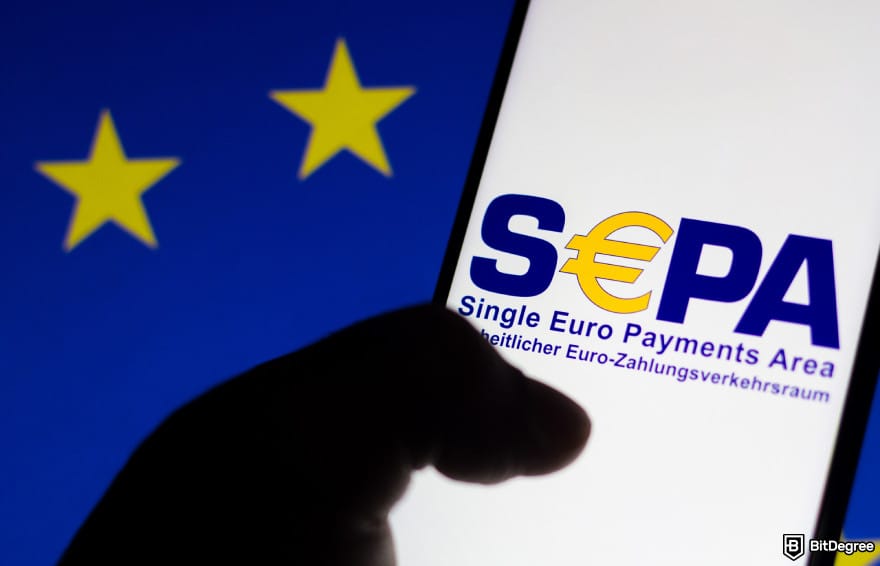 How to withdraw money from KuCoin: SEPA logo on a phone.