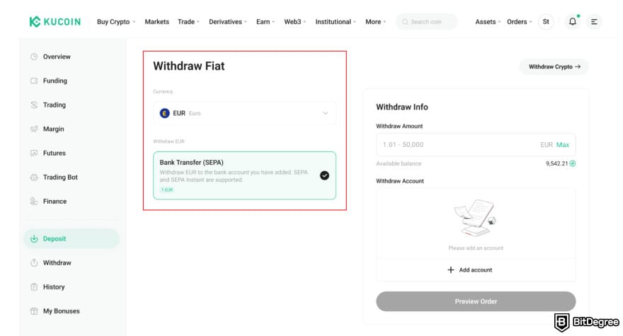 How to withdraw money from KuCoin: SEPA bank transfer.