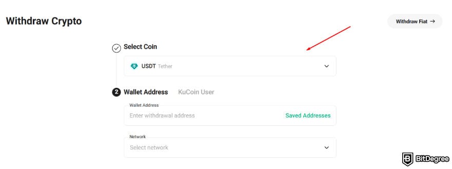 How to withdraw money from KuCoin: a red arrow pointing to the coin selection on KuCoin's withdraw page.