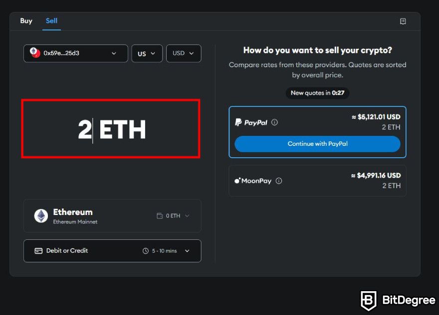 How to withdraw money from MetaMask: enter the amount of coins to sell.