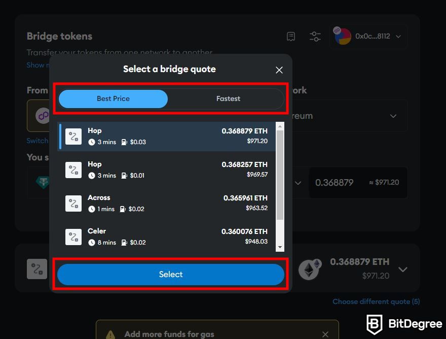 How to withdraw money from MetaMask: select the most preferable bridge quote.