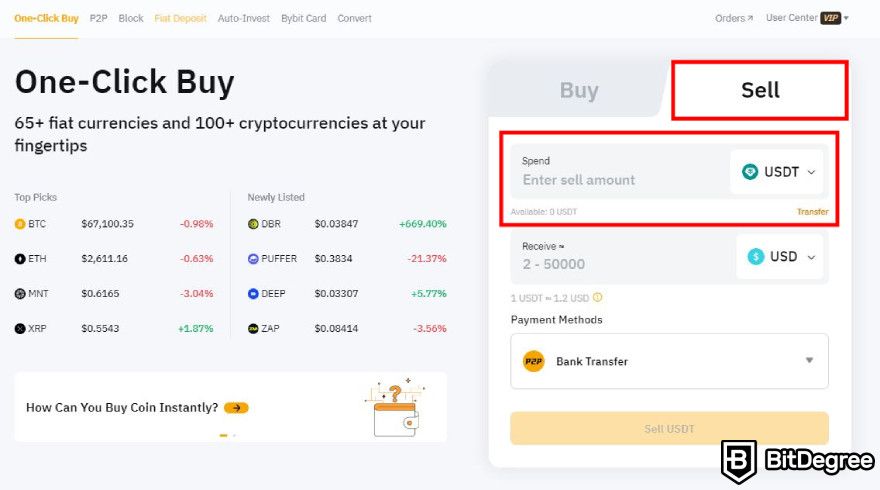 How to withdraw money from MetaMask: select sell tab and choose USDT.