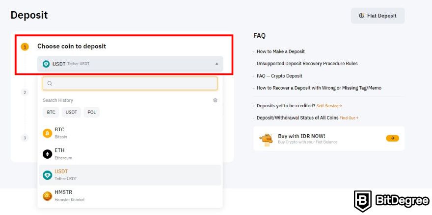 How to withdraw money from MetaMask: select coin to deposit from the dropdown.