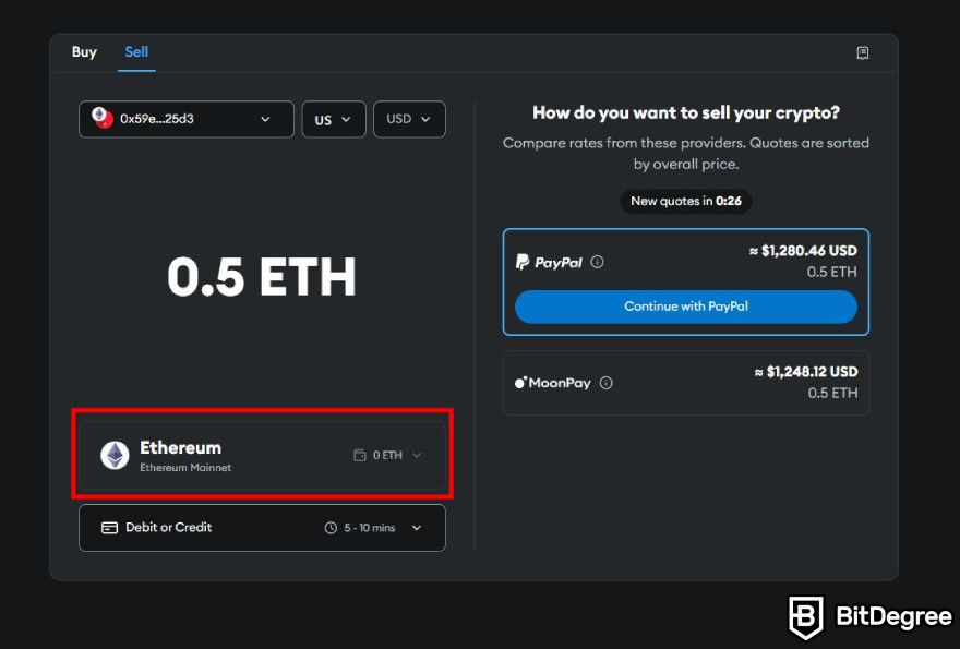 How to withdraw money from MetaMask: choose the coin and the network.