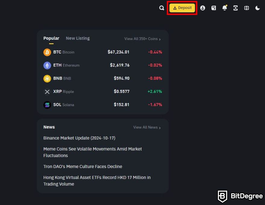 How to withdraw money from MetaMask: select the deposit tab on Binance.