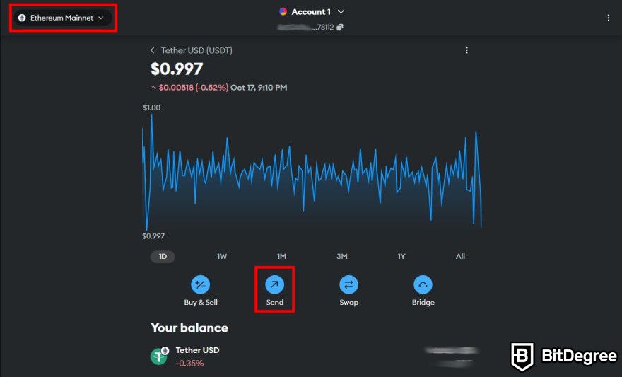 How to withdraw money from MetaMask: ensure the network and click send.