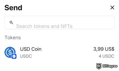 How to withdraw money from MetaMask: pick USDC for sending.