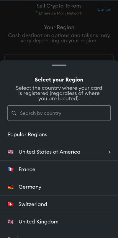 How to withdraw money from MetaMask: select your region.