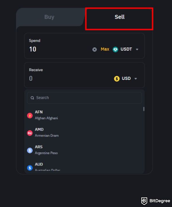 How to withdraw money from MetaMask: enter the amount of USDT to sell and choose the fiat currency.