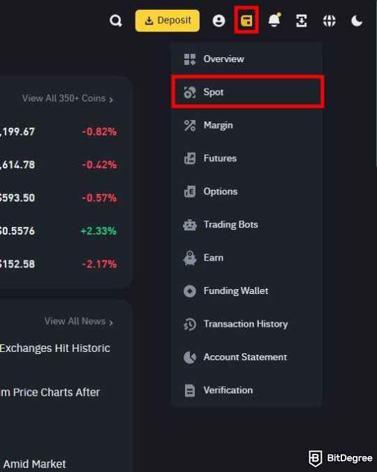 How to withdraw money from MetaMask: go to Binance spot wallet.