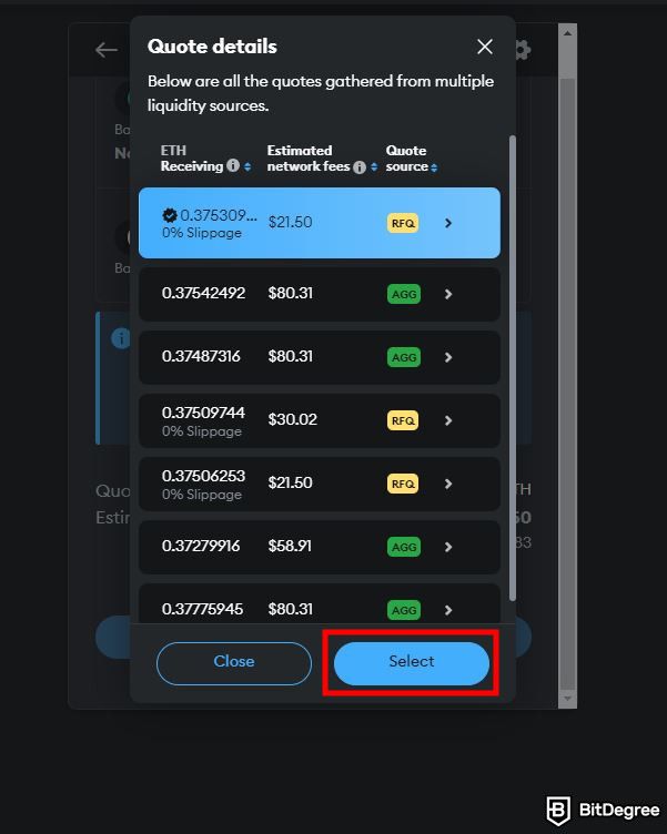 How to withdraw money from MetaMask: select quote from liquidity sources.