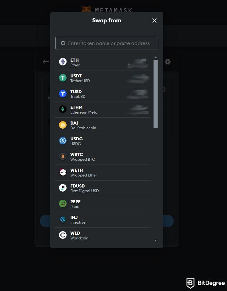 How to withdraw money from MetaMask: pick your coin to swap.