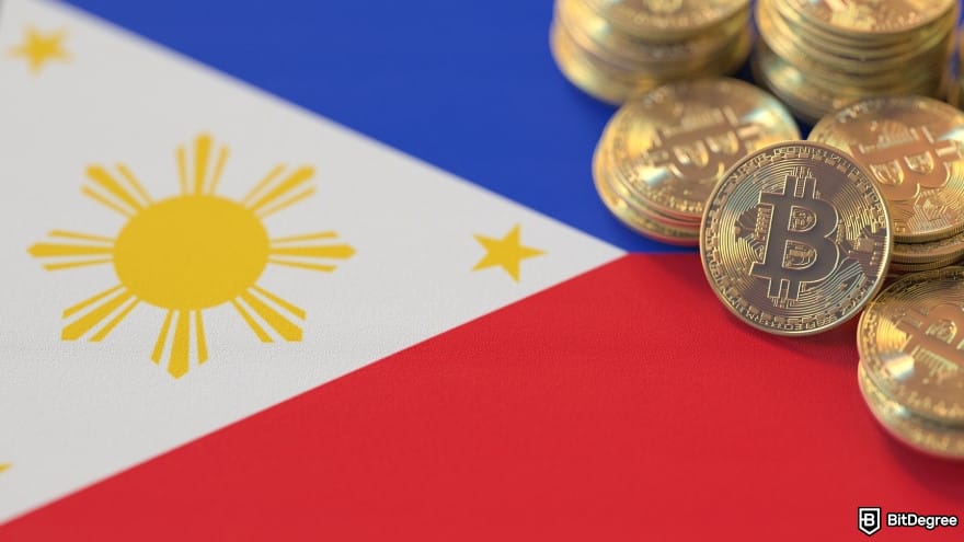 How to withdraw money from OKX in Philippines: national flag and many bitcoins.