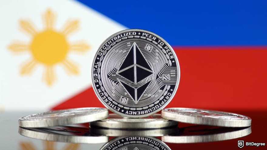 How to withdraw money from OKX in Philippines: physical version of Ethereum and Philippines flag.