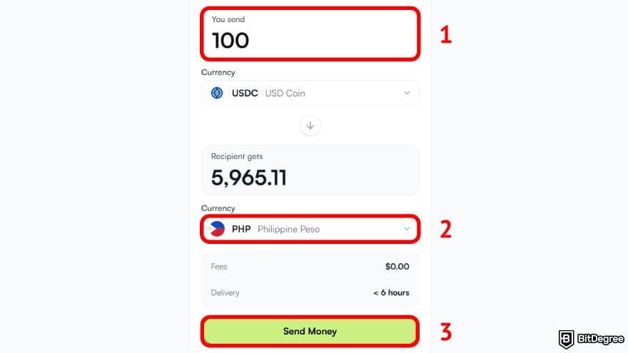 How to withdraw money from OKX in Philippines: set the amount and currency, then click [Send Money].