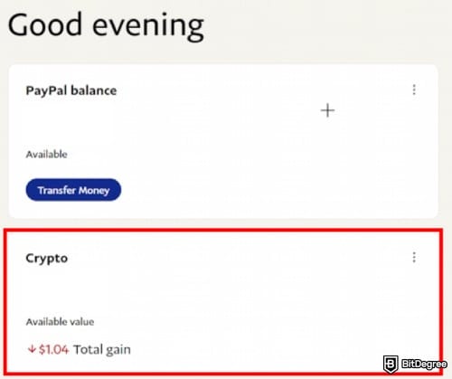 Ho to withdraw money from PayPal: the dashboard with PayPal and crypto balance.