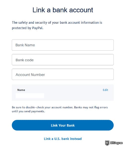 How to withdraw money from PayPal: filling in details to link a bank.
