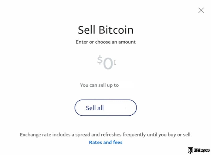 Ho to withdraw money from PayPal: entering the amount of BTC to sell.