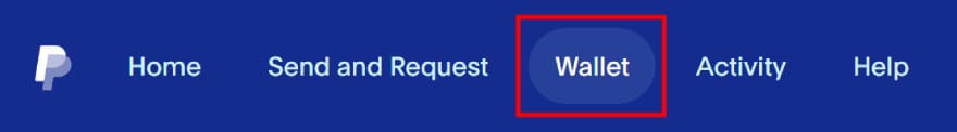 How to withdraw money from PayPal: the [Wallet] tab in the main menu, highlighted.