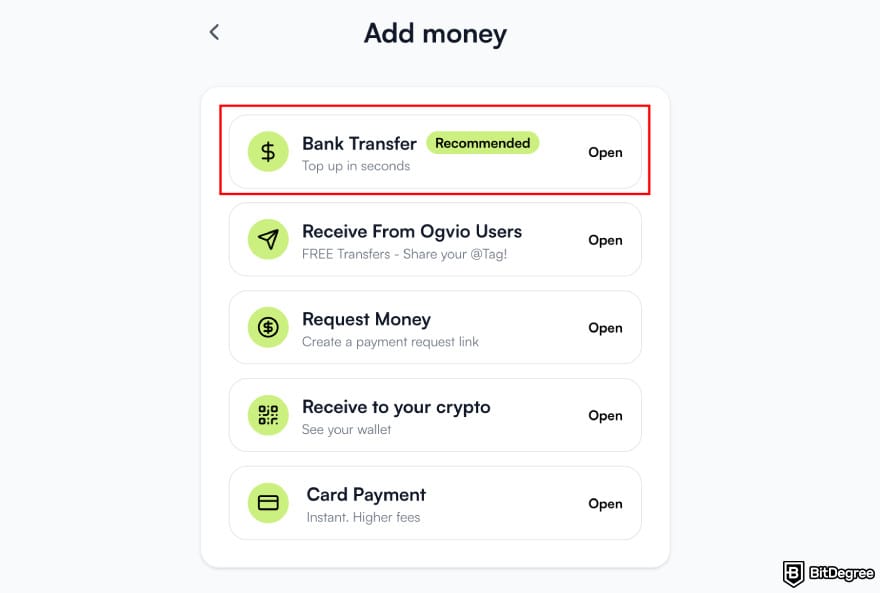 How to withdraw money from prepaid card online: Ogvio add money highlighting the [Bank Transfer] option.