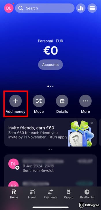 How to withdraw money from prepaid card online: Revolut [Add money] button.