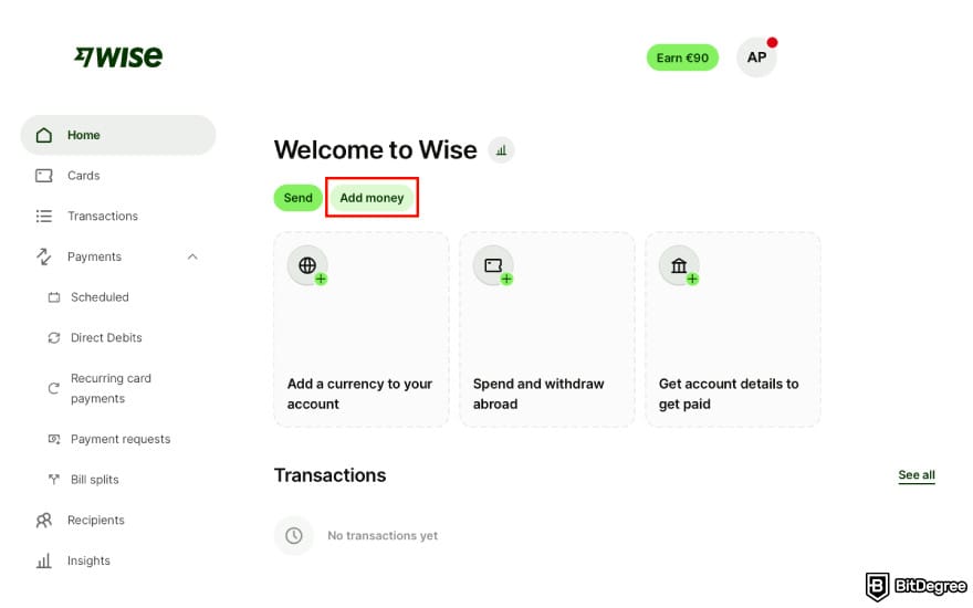 How to withdraw from savings account: click [Add money] on Wise.