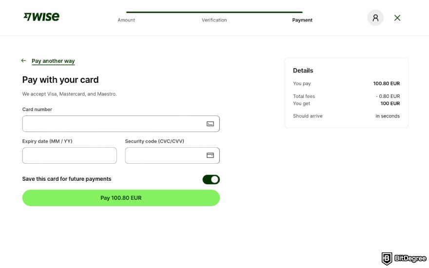How to withdraw from savings account: enter your card details on Wise.