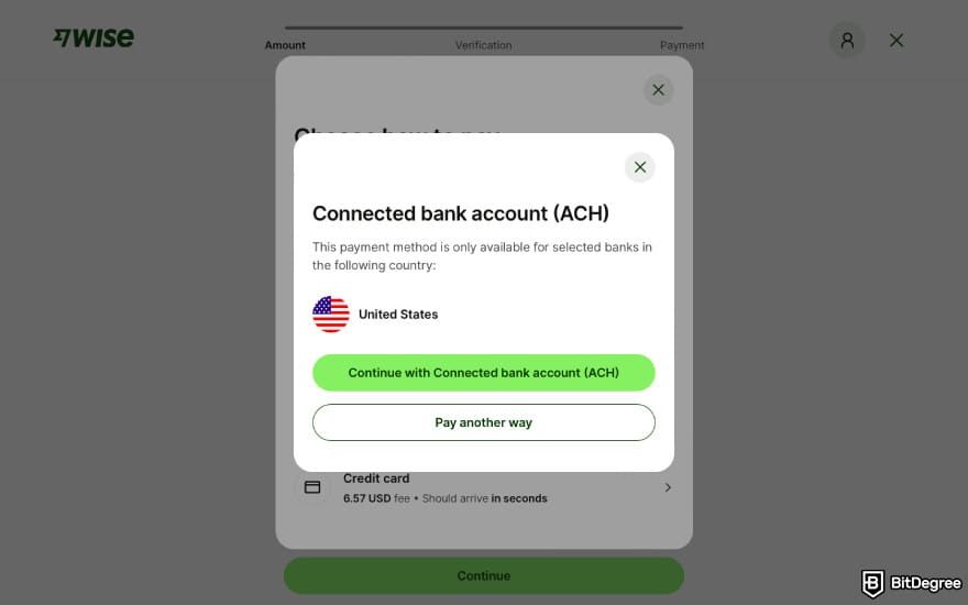 How to withdraw from savings account: click [Continue with Connected bank account (ACH)] on Wise.