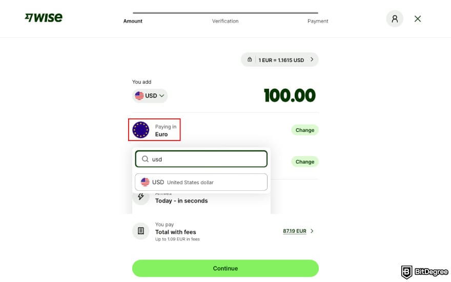 How to withdraw from savings account: select the currency you want to deposit into Wise.
