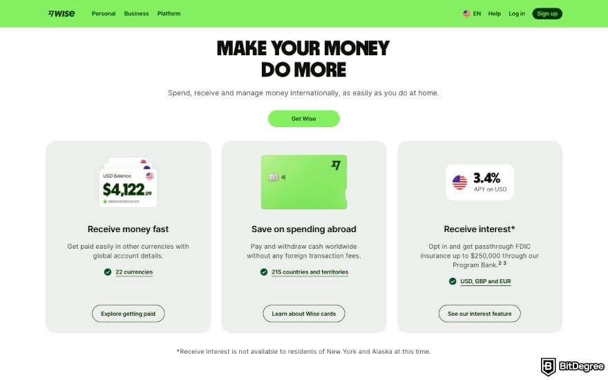 How to withdraw money from savings account: a screenshot of Wise homepage.