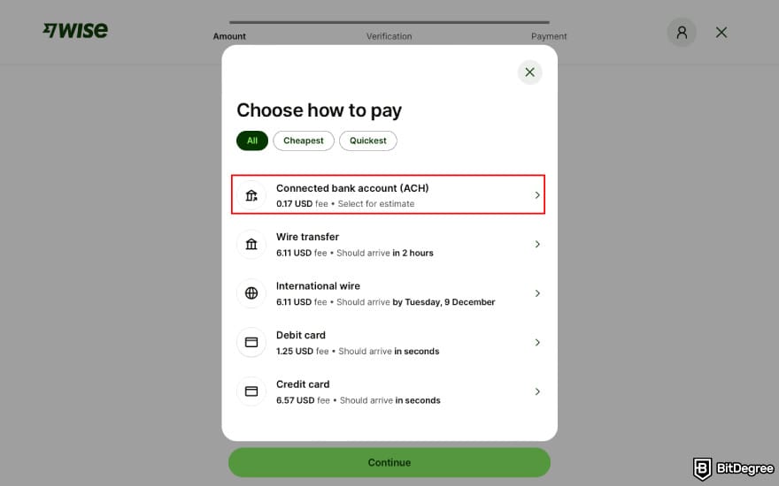 How to withdraw from savings account: select your payment method on Wise.