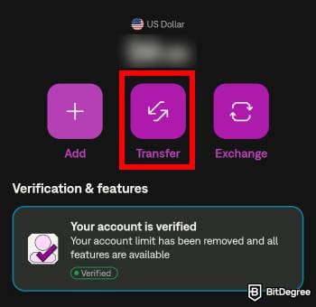 How to withdraw money from Skrill: Skrill app homepage with the Transfer option highlighted.
