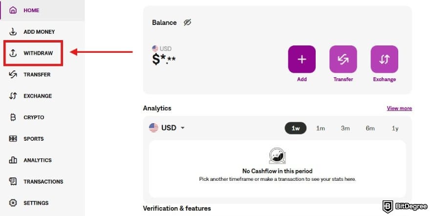 How to withdraw money from Skrill: Skrill's user dashboard with the Withdraw menu highlighted.