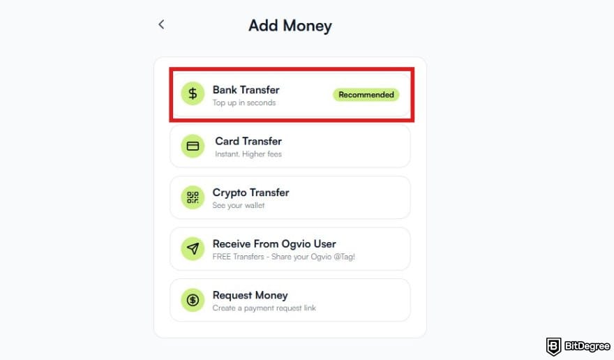 How to withdraw money from Skrill: Ogvio top up options with the Bank Transfer menu highlighted.