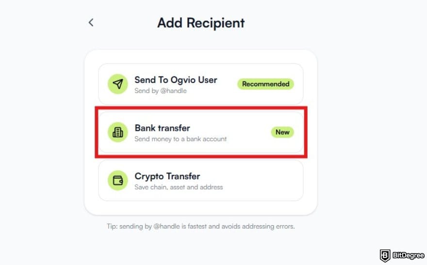 How to withdraw money from Skrill: the available transfer methods on Ogvio with the bank transfer option highlighted.