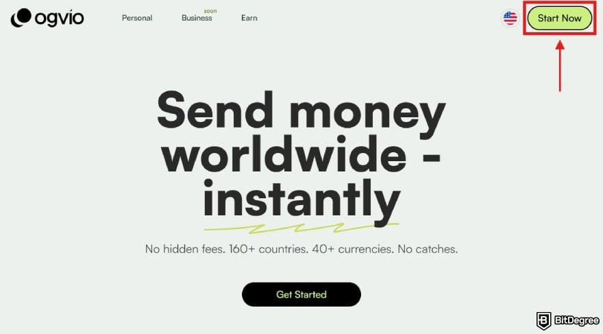 How to withdraw money from Skrill: Ogvio homepage with the Start Now button highlighted.