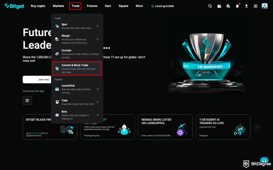 How to withdraw money from Sweatcoin: click [Convert Block & Trade] on Bitget.