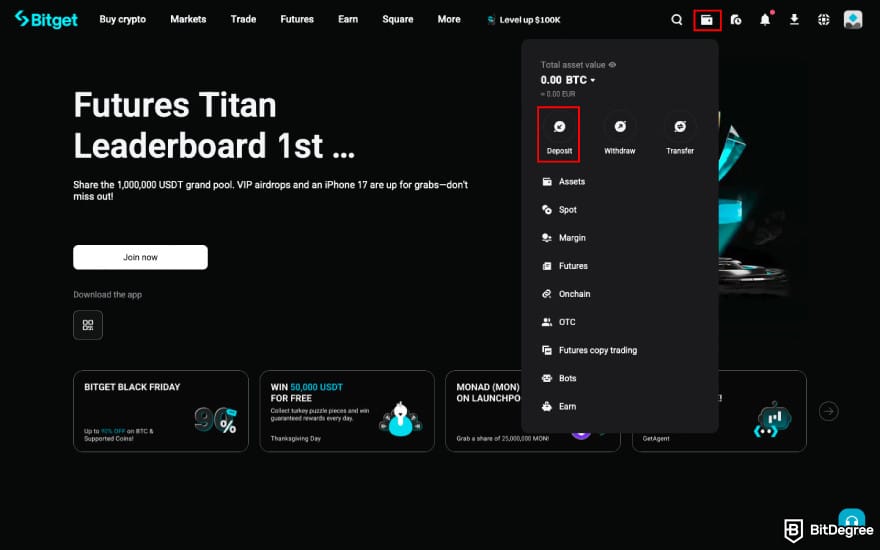 How to withdraw money from Sweatcoin: click [Deposit] on Bitget.