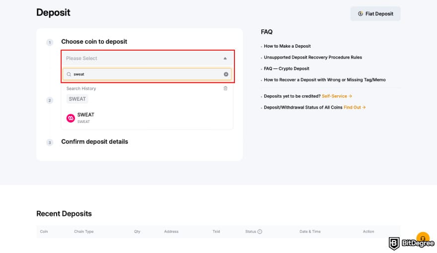 How to withdraw money from Sweatcoin: choose SWEAT as the coin to deposit. How to withdraw money from Sweatcoin: choose SWEAT as the coin to deposit.
