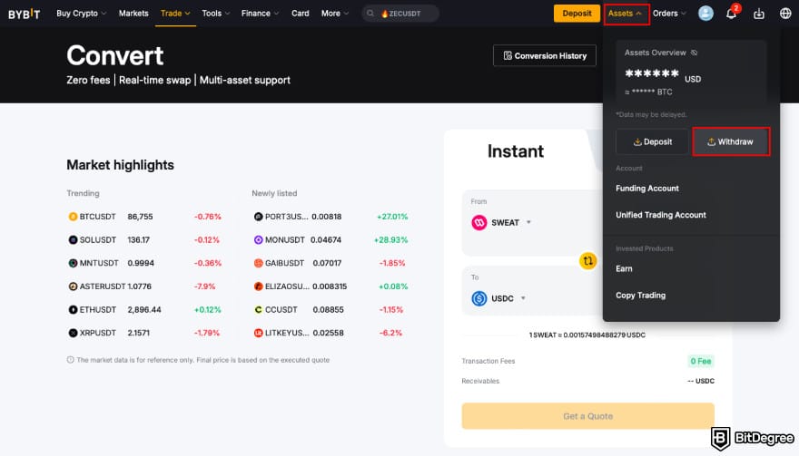 How to withdraw money from Sweatcoin: click [Withdraw] on Bybit.