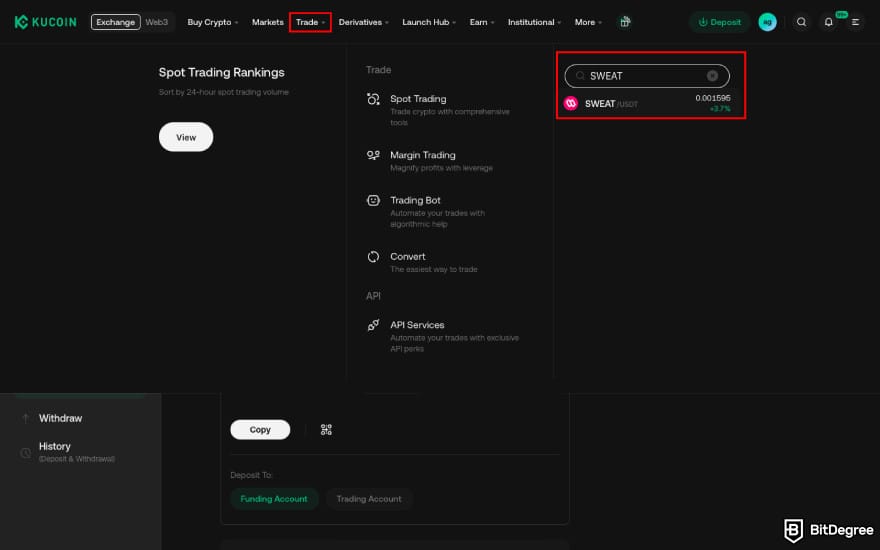 How to withdraw money from Sweatcoin: choose the SWEAT/USDT trading pair on KuCoin. How to withdraw money from Sweatcoin: choose the SWEAT/USDT trading pair on KuCoin.