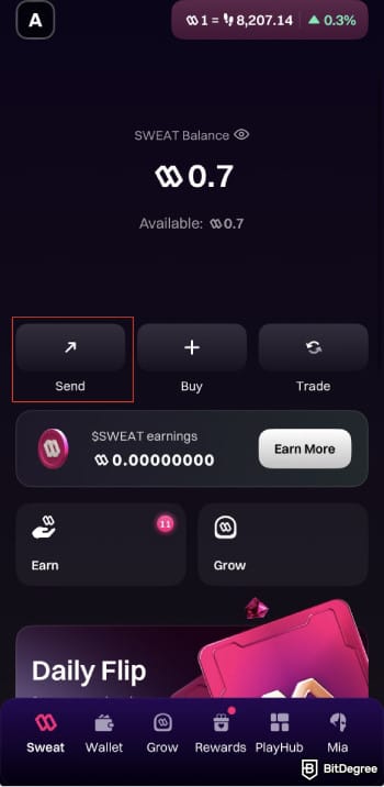 How to withdraw money from Sweatcoin: open Sweat wallet and click [Send].