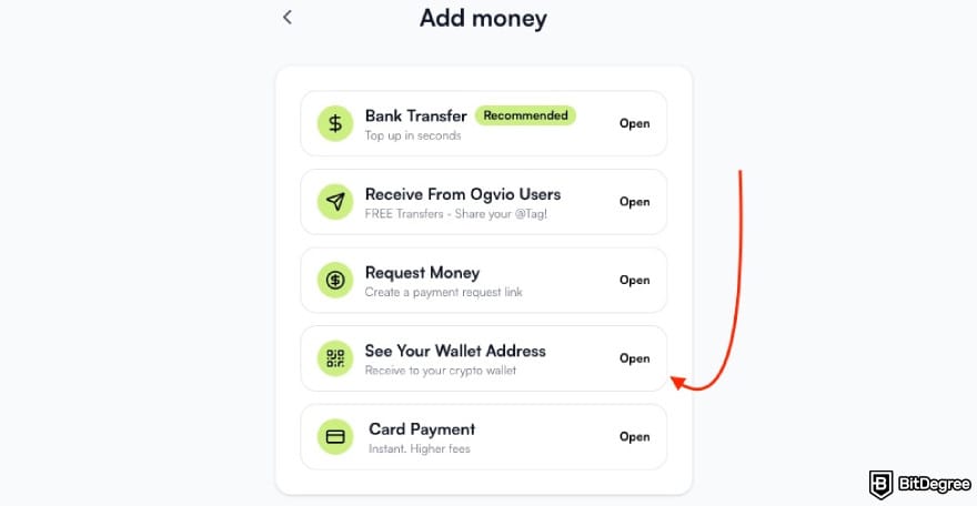 How to withdraw money from Trust Wallet: a red arrow pointing to the [See Your Wallet Address] option on Ogvio.