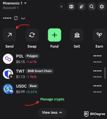 How to withdraw money from Trust Wallet: one red arrow pointing to the [Send] button and the other to the [Manage crypto] button on Trust Wallet.
